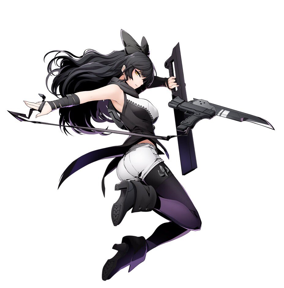 1girl ass black_hair blake_belladonna blazblue:_cross_tag_battle boots bow cat_eyes gambol_shroud gun hair_bow handgun high_heel_boots high_heels jumping long_hair official_art pistol purple_thighhighs rwby shorts solo weapon white_background white_shorts yellow_eyes