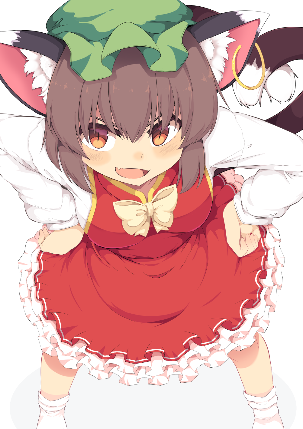 1girl animal_ears bow bowtie breasts brown_hair cat_ears cat_tail chen dress frilled_dress frills green_hat hands_on_hips hat highres jewelry leaning_forward legs_apart lolimate long_sleeves looking_at_viewer medium_breasts multiple_tails open_mouth orange_eyes red_dress short_dress simple_background single_earring slit_pupils smile socks solo tail touhou two_tails white_background white_legwear yellow_neckwear