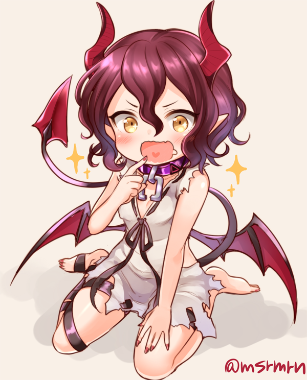 +_+ 1girl :d bangs bare_arms bare_shoulders barefoot black_ribbon blush breasts brown_background brown_eyes chains collar covered_nipples demon_girl demon_horns demon_tail demon_wings dress drooling fang finger_to_mouth full_body hair_between_eyes hand_on_leg heart heart_in_mouth horns looking_at_viewer lucy_malebolge marshmallow_mille nail_polish open_mouth pointing pointing_at_self pointy_ears purple_collar purple_hair red_nails ribbon ribbon-trimmed_dress saliva shironeko_project short_hair simple_background sitting sleeveless sleeveless_dress small_breasts smile solo sparkle tail toenail_polish torn_clothes torn_dress twitter_username v-shaped_eyebrows wariza wavy_mouth white_dress wings