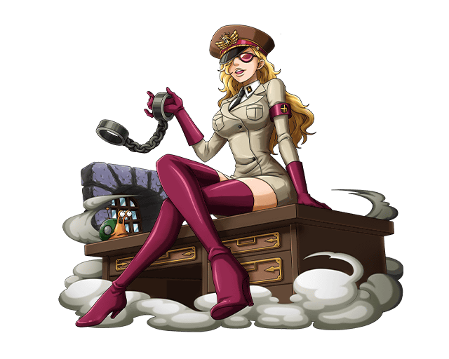 1girl blonde_hair bodskih boots chains curly_hair den_den_mushi domino_(one_piece) gloves hat high_heel_boots high_heels long_hair military military_hat military_uniform necktie official_art one_piece open_mouth solo sunglasses teeth transparent_background uniform