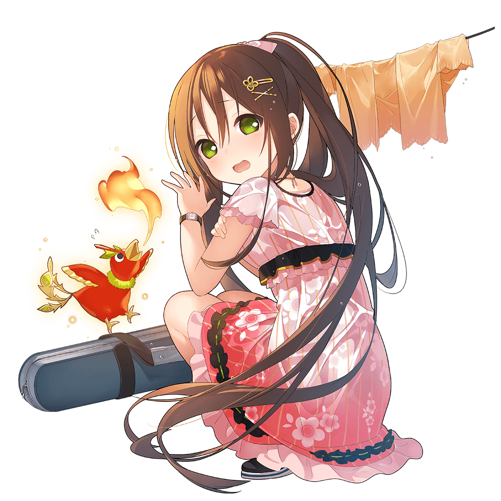 1girl arm_grab bird breathing_fire brown_hair dress fire full_body green_eyes hair_ornament hairclip long_hair looking_at_viewer looking_back official_art open_mouth solo squatting striped suzaku_(uchi_no_hime-sama) transparent_background vertical-striped_dress vertical_stripes watch watch wet