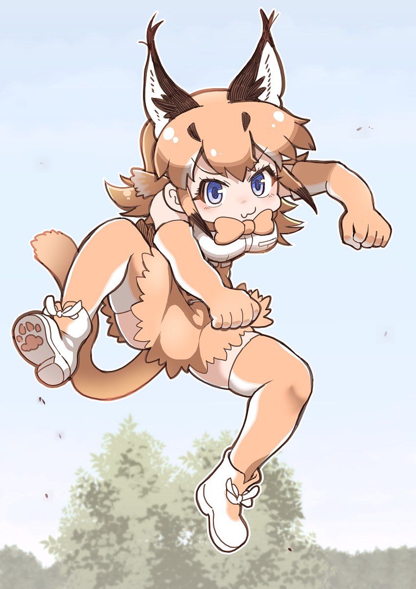 1girl :3 animal_ears ankle_boots bare_shoulders blue_eyes blush boots bow bowtie caracal_(kemono_friends) closed_mouth commentary_request elbow_gloves eyebrows_visible_through_hair gloves high-waist_skirt highres jumping kemono_friends looking_at_viewer orange_gloves orange_hair orange_legwear orange_neckwear orange_skirt photo-referenced short_hair skirt solo tail tanaka_kusao thigh-highs