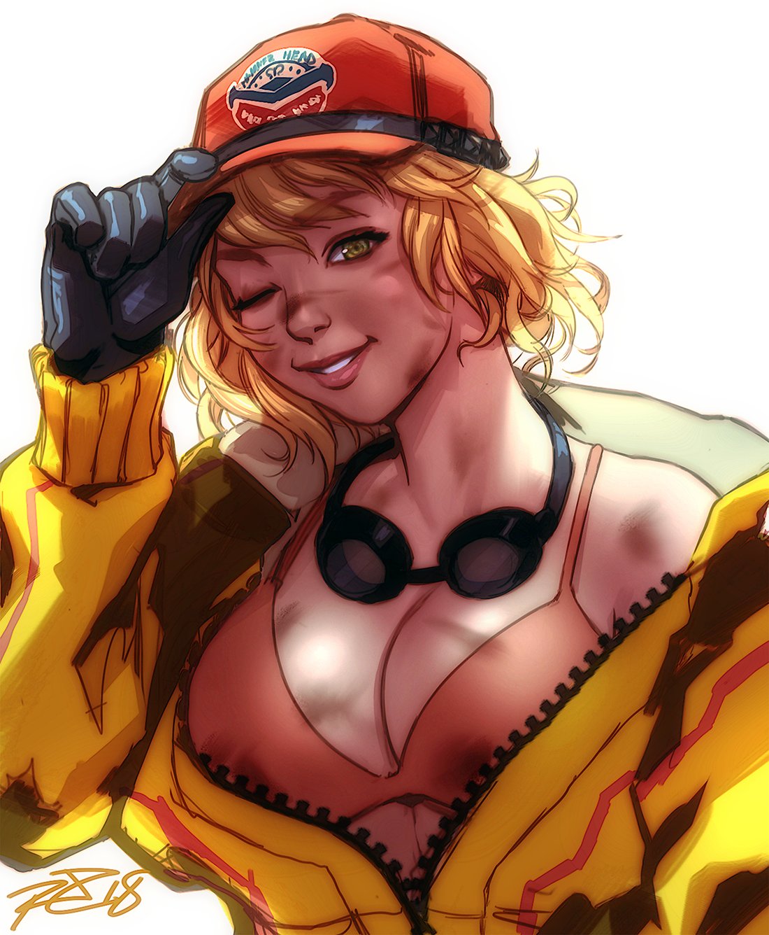 1girl ;) baseball_cap bikini_top black_gloves blonde_hair breasts cidney_aurum cropped_jacket dirty_face final_fantasy final_fantasy_xv gloves goggles goggles_around_neck green_eyes hat hat_tip highres jacket large_breasts lips looking_at_viewer off_shoulder one_eye_closed robert_porter short_hair smile solo unzipped