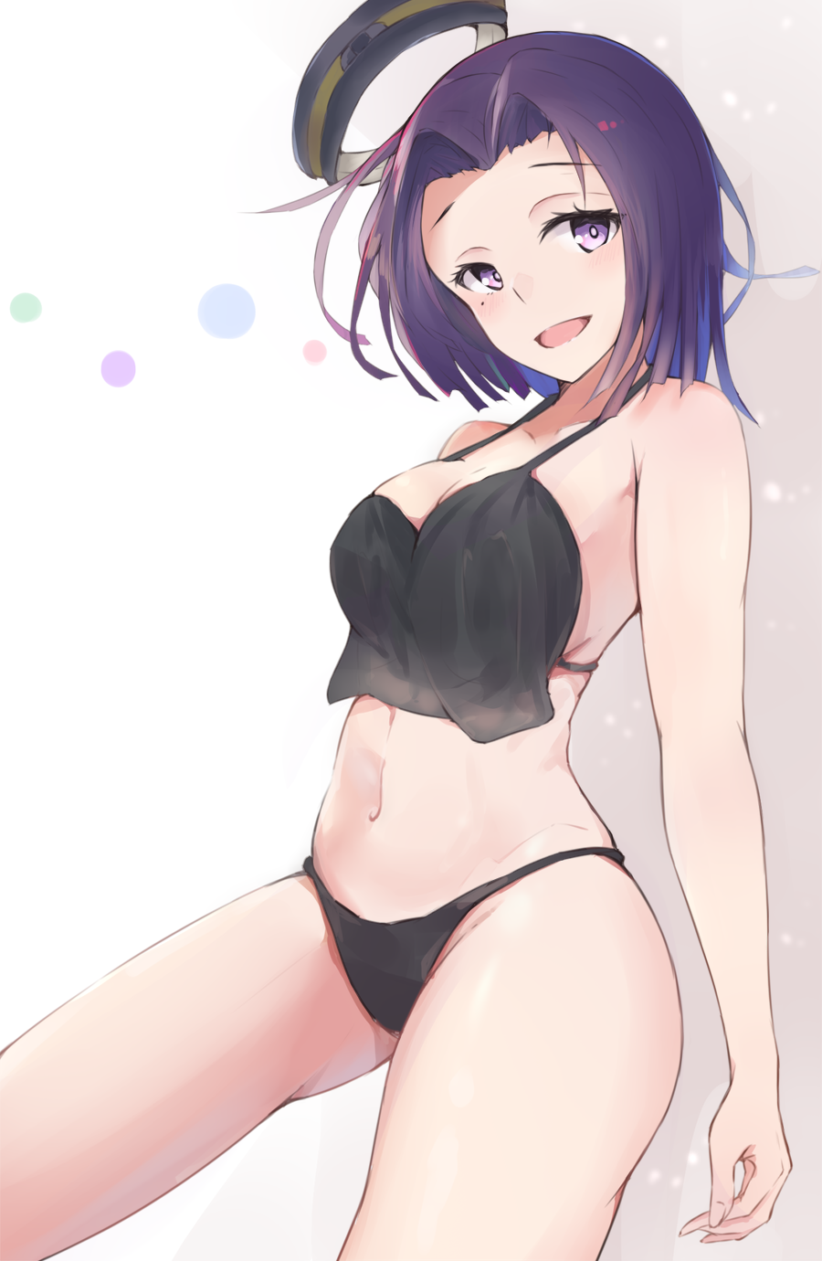 1girl black_panties blush breasts cleavage highres hyakunin_momoko kantai_collection looking_at_viewer mechanical_halo medium_breasts mole mole_under_eye navel panties purple_hair short_hair sideboob smile tatsuta_(kantai_collection) thighs underwear violet_eyes white_background