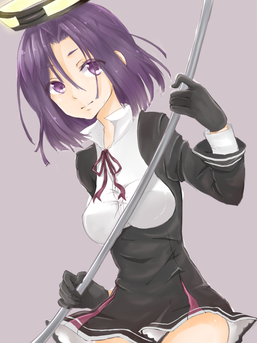 1girl black_gloves breasts cowboy_shot ear_visible_through_hair eyebrows_visible_through_hair gloves hair_over_one_eye highres kantai_collection looking_at_viewer maria_(maria0304) mechanical_halo medium_breasts polearm purple_background purple_hair short_hair solo tatsuta_(kantai_collection) violet_eyes weapon