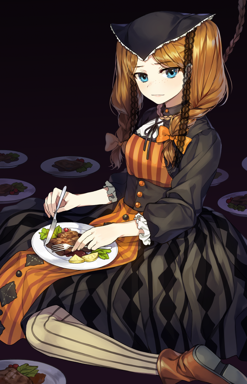 1girl black_dress blue_eyes bow braid brown_hair buranko_(marchen) dress food fork freckles gijang hair_bow highres holding holding_knife knife long_hair looking_at_viewer marchen meat noose orange_bow plate solo sound_horizon striped striped_legwear twin_braids