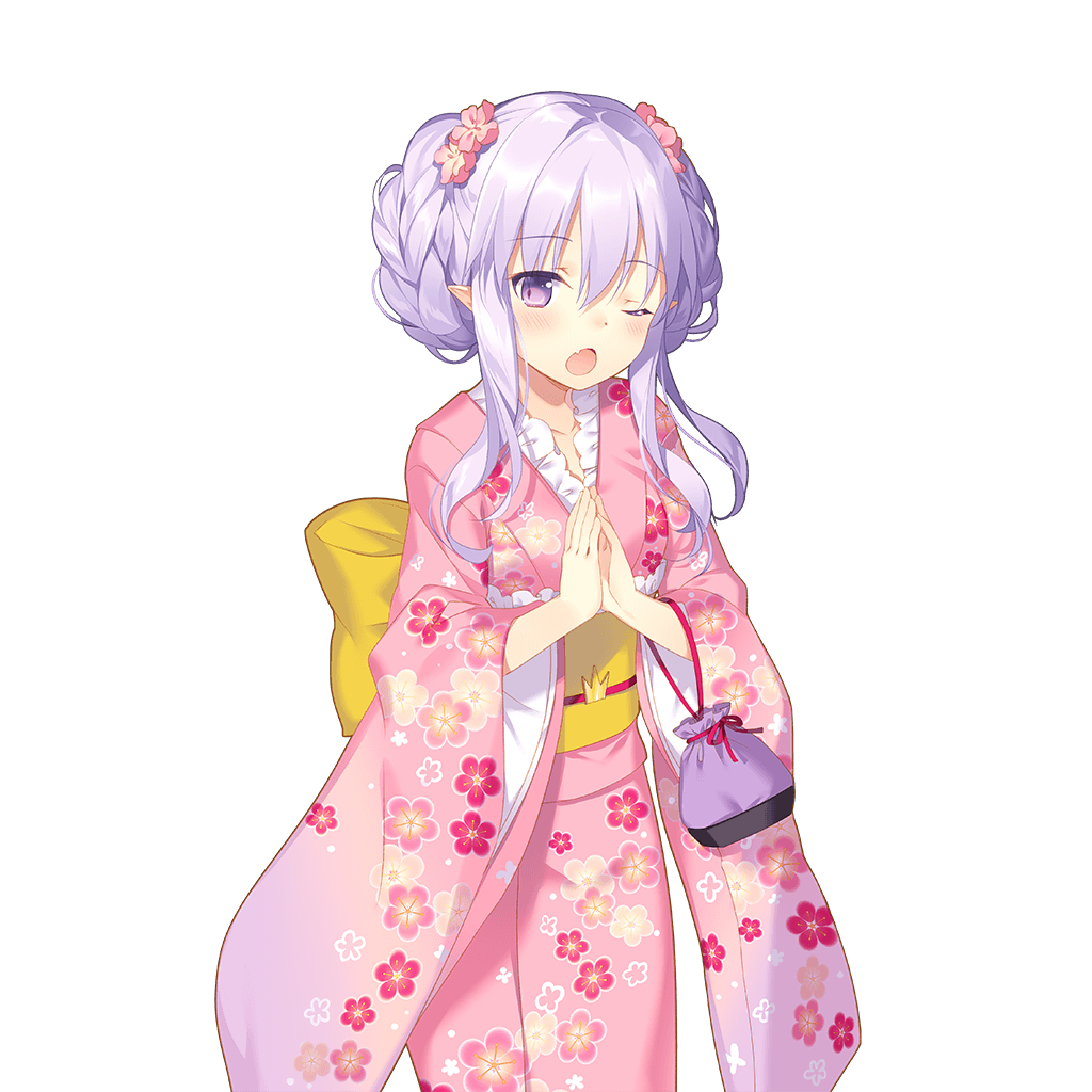 1girl cowboy_shot fang floral_print flower furisode hair_flower hair_ornament hands_together japanese_clothes kimono lavender_hair long_sleeves looking_at_viewer miss_barbara obi official_art one_eye_closed open_mouth pointy_ears sash sidelocks solo transparent_background uchi_no_hime-sama_ga_ichiban_kawaii updo violet_eyes wide_sleeves