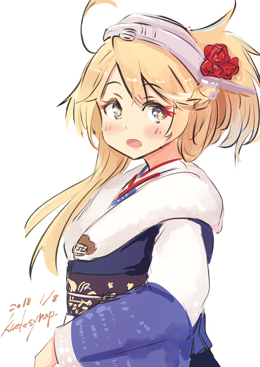1girl blonde_hair blue_eyes blue_kimono cowboy_shot dated flower fur_trim furisode hair_flower hair_ornament headgear highres iowa_(kantai_collection) japanese_clothes kaede_shiroppu kantai_collection kimono looking_at_viewer obi ponytail sash simple_background solo star star-shaped_pupils symbol-shaped_pupils twitter_username white_background