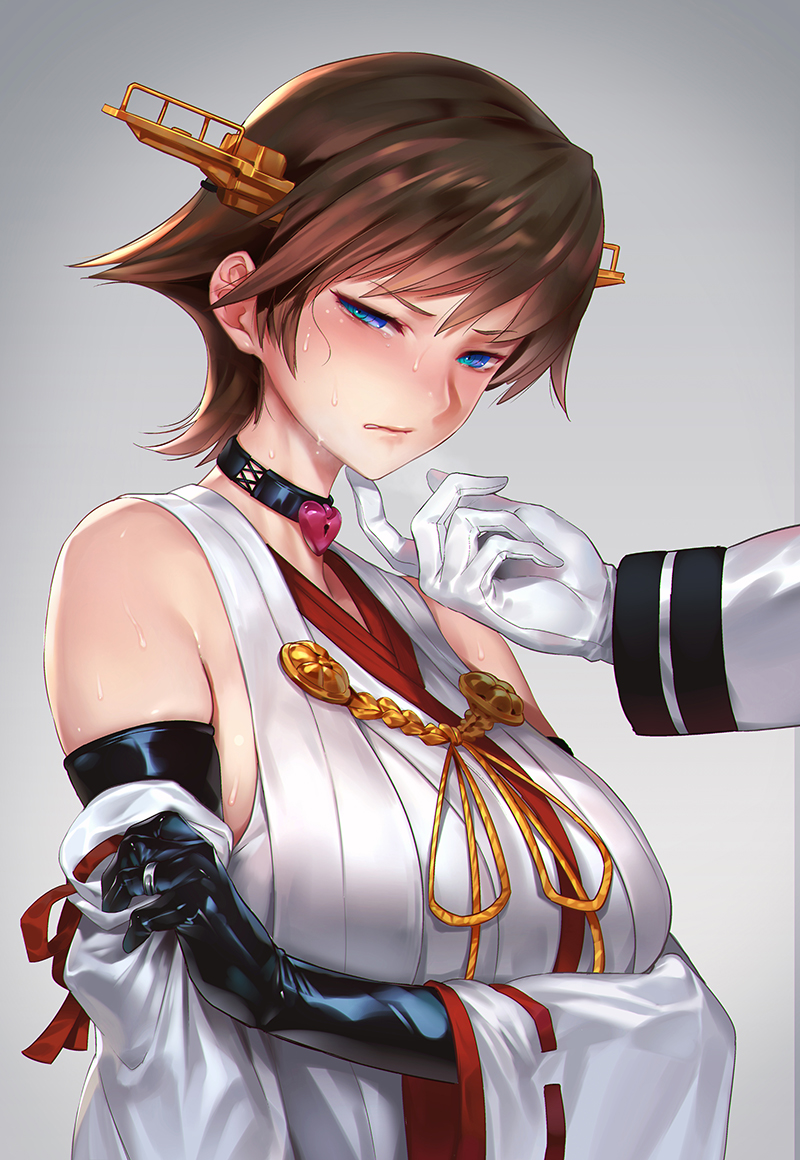 1girl admiral_(kantai_collection) bacius bare_shoulders black_gloves blue_eyes blush breasts brown_hair collar detached_sleeves elbow_gloves gloves hairband heart_lock_(kantai_collection) hiei_(kantai_collection) jewelry kantai_collection large_breasts nontraditional_miko ribbon-trimmed_sleeves ribbon_trim ring short_hair simple_background solo_focus sweat upper_body wedding_band white_gloves