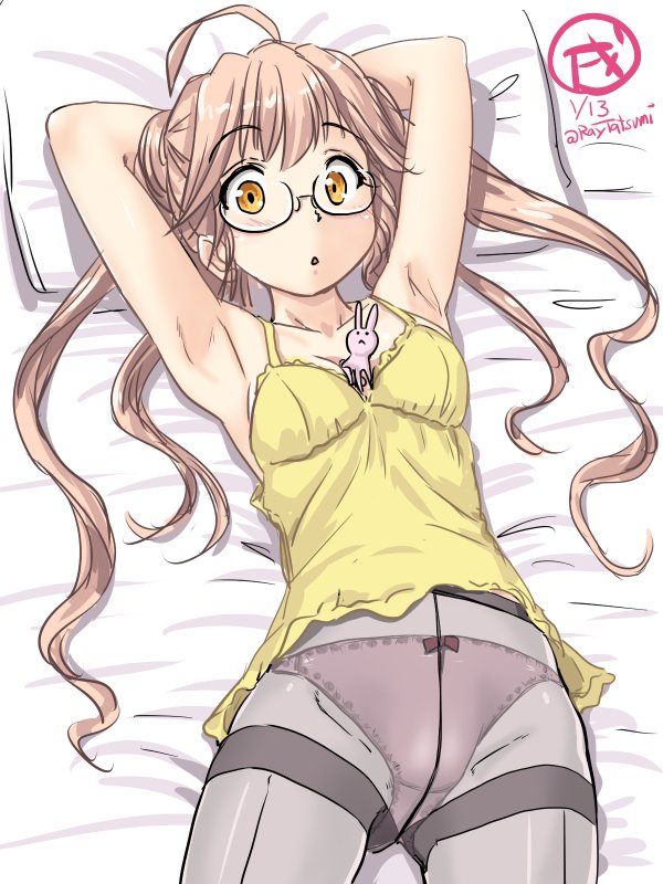 1girl ahoge armpits arms_behind_head ass_visible_through_thighs bow bow_panties breasts camisole cowboy_shot dated double_bun glasses grey_legwear kantai_collection looking_at_viewer lying makigumo_(kantai_collection) panties pantyhose pillow pink_hair pink_panties rabbit small_breasts solo tatsumi_rei thighband_pantyhose twintails twitter_username underwear yellow_camisole yellow_eyes