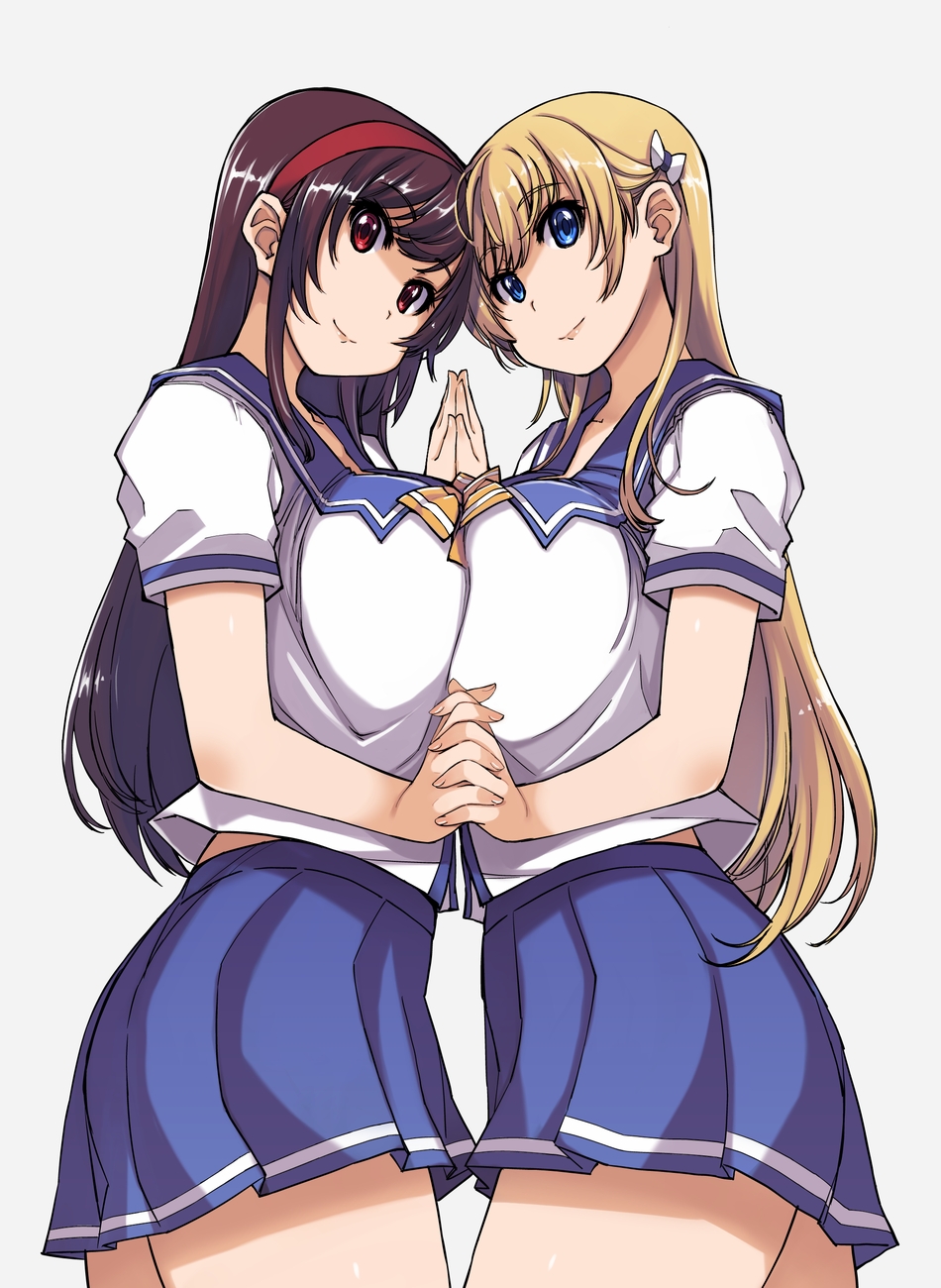 2girls bag bangs blue_eyes breast_press breasts brown_hair cellphone hair_ornament hairband hand_holding highres large_breasts long_hair mariana_princilla multiple_girls phone pleated_skirt reco_love reco_love_gold_beach red_eyes sailor_collar school_uniform serafuku short_sleeves skirt smile symmetrical_docking white_background xration yuina_(reco_love)