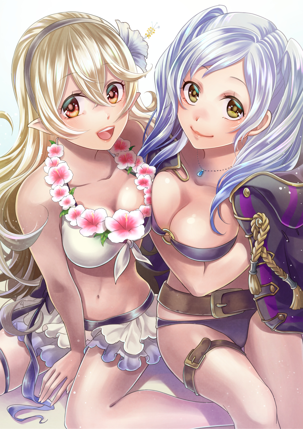 2girls alternate_costume asymmetrical_docking belt bikini bikini_skirt blonde_hair blush breast_press breasts brown_eyes cleavage coat female_my_unit_(fire_emblem:_kakusei) female_my_unit_(fire_emblem_if) fire_emblem fire_emblem:_kakusei fire_emblem_heroes fire_emblem_if flower flower_necklace highres jacket_on_shoulders jewelry kaboplus_ko long_hair looking_at_viewer medium_breasts multiple_girls my_unit_(fire_emblem:_kakusei) my_unit_(fire_emblem_if) navel necklace open_mouth red_eyes silver_hair sitting smile stomach swimsuit