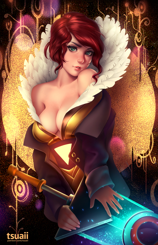 1girl bare_shoulders blue_eyes breasts cleavage eyebrows feather_collar head_tilt high_collar holding holding_weapon jacket jonathan_hamilton lips looking_at_viewer medium_breasts no_bra off_shoulder parted_lips red_(transistor) redhead revision solo the_transistor transistor_(game) weapon
