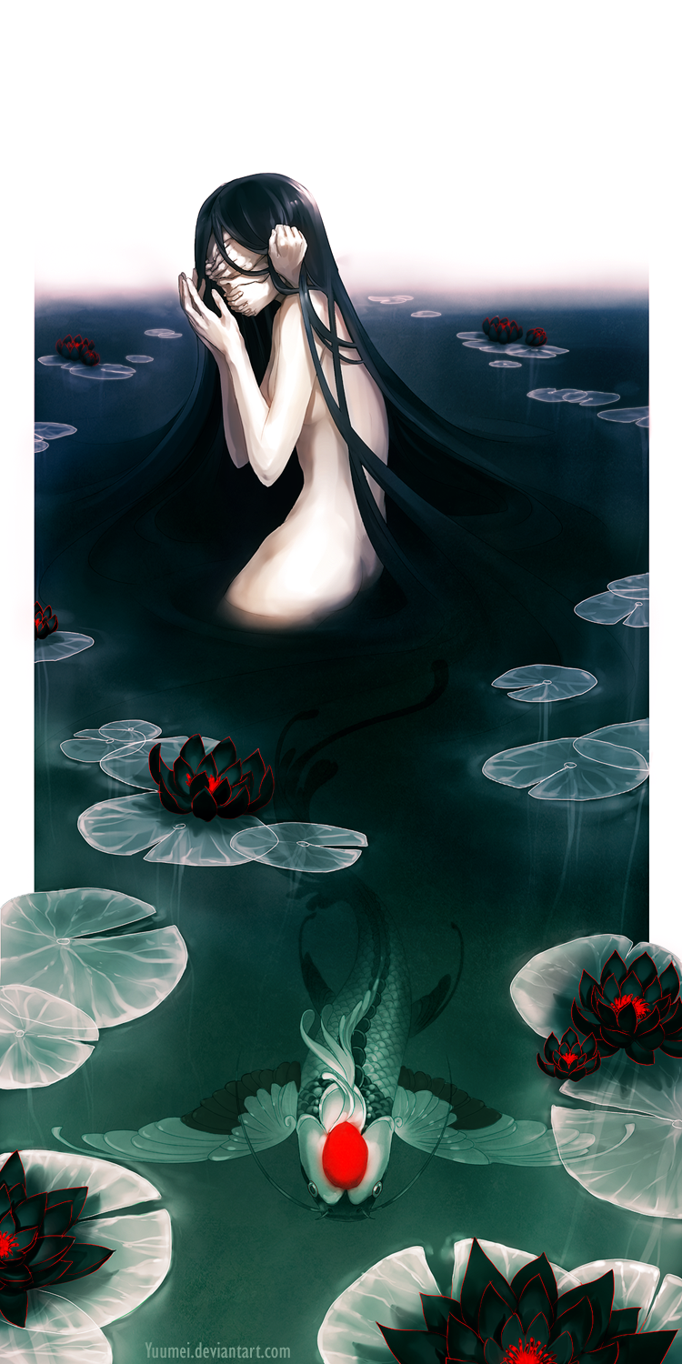 1girl bird black_hair commentary_request covered_face crane_(animal) creepy curse deviantart_username extra_arms fish flower hands_up highres koi lake long_hair lotus nude original pale_skin solo very_long_hair water_surface wenqing_yan