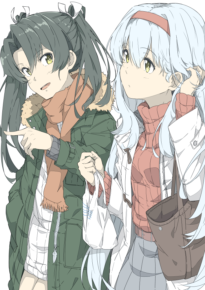 2girls :d alternate_costume commentary_request green_eyes green_hair green_jacket hair_between_eyes headband jacket kantai_collection long_hair long_sleeves multiple_girls ninimo_nimo open_mouth pointing red_headband red_sweater shoukaku_(kantai_collection) simple_background smile sweater twintails white_background white_hair white_jacket white_sweater yellow_eyes zuikaku_(kantai_collection)