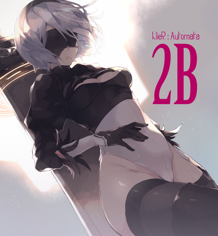 1girl black_gloves black_legwear blindfold boots breasts cleavage dutch_angle enomoto_hina gloves hairband highleg highleg_leotard huge_weapon leotard medium_breasts mole mole_under_mouth nier_(series) nier_automata parted_lips short_hair silver_hair solo sword sword_behind_back thigh-highs thigh_boots weapon yorha_no._2_type_b