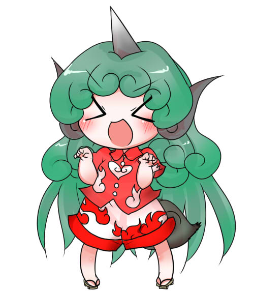 1girl :d blush buttons buuwa chibi cloud_print collared_shirt curly_hair eyebrows eyebrows_visible_through_hair geta green_hair horn kariyushi_shirt komano_aun legs_apart long_hair no_nose open_mouth pigeon-toed red_shirt shirt short_sleeves shorts simple_background smile solo standing tail touhou v-shaped_eyebrows white_background white_shorts