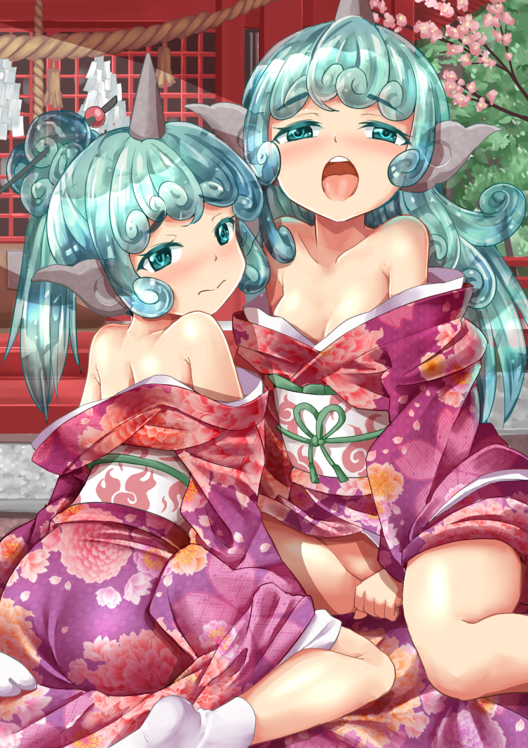 2girls alternate_costume animal_ears bangs bare_legs bare_shoulders breasts cleavage collarbone curly_hair dual_persona eyebrows_visible_through_hair floral_print flower green_eyes green_hair hair_ornament hair_stick horn japanese_clothes kimono komano_aun long_hair looking_at_viewer medium_breasts multiple_girls no_panties obi off_shoulder open_mouth ponytail red_kimono rope sash shide shimenawa sitting socks taishi_(moriverine) tareme tongue touhou white_legwear yukata