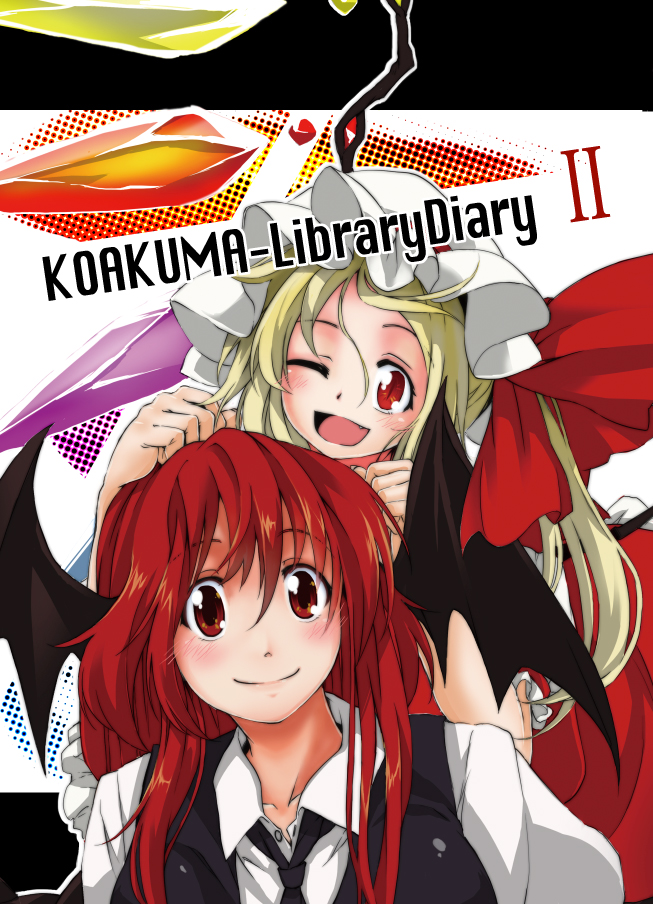 2girls ;d bat_wings black_neckwear blonde_hair blush bow carrying collarbone commentary_request cover cover_page dress_shirt english eyebrows_visible_through_hair fang flandre_scarlet hair_between_eyes hands_on_another's_head happy hat hat_bow head_wings izuna_nie koakuma large_bow letterboxed long_hair looking_at_viewer mob_cap multiple_girls necktie one_eye_closed open_mouth outline piggyback red_eyes redhead shirt short_hair side_ponytail sidelocks simple_background slit_pupils smile touhou vest white_background white_shirt wings