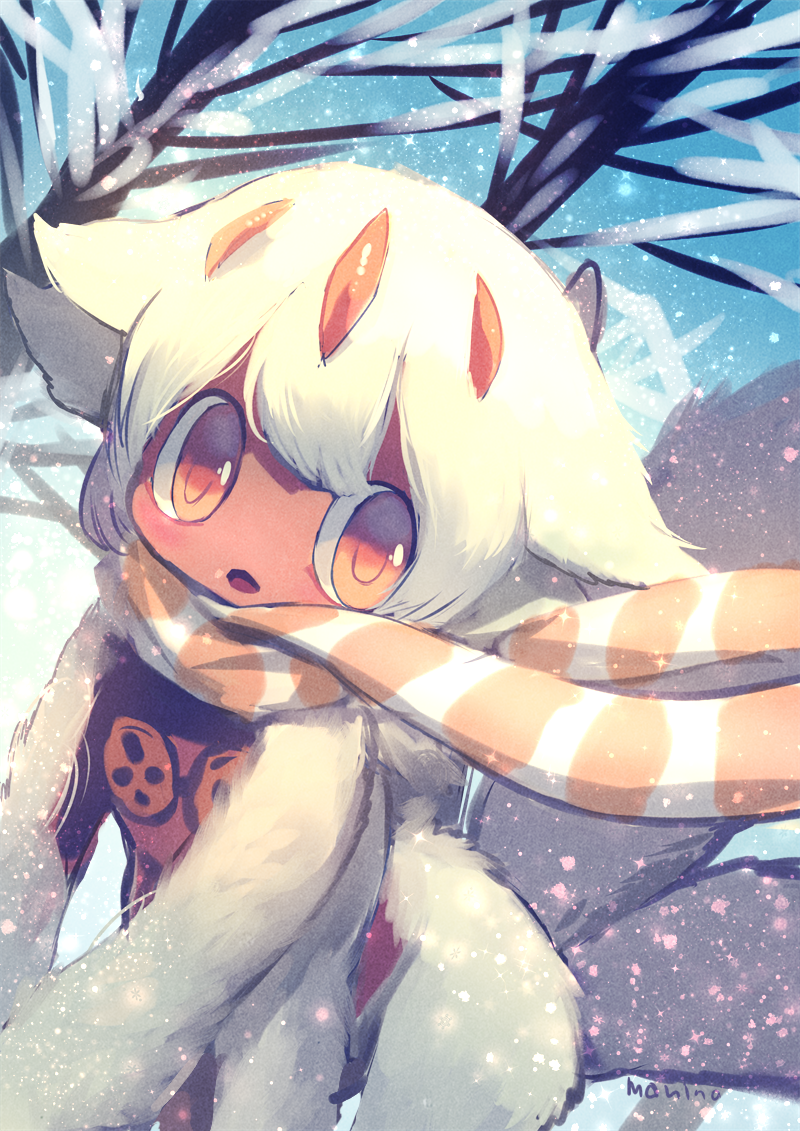 1girl :o animal_ears artist_name bangs commentary_request day extra_arms faputa fur hair_flaps looking_at_viewer made_in_abyss manino_(mofuritaionaka) monster_girl multiple_tails orange_eyes outdoors scarf short_hair signature snow snowing solo tail white_hair