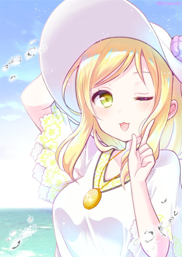 1girl :3 blonde_hair blue_sky day green_eyes hand_on_headwear hat hirako index_finger_raised jewelry looking_at_viewer love_live! love_live!_sunshine!! necklace ocean ohara_mari one_eye_closed open_mouth outdoors sidelocks sky smile solo twitter_username upper_body water_drop