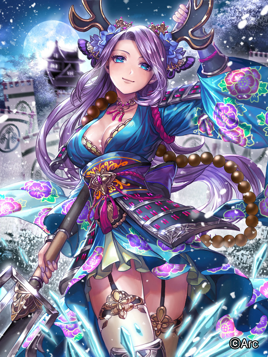 1girl arm_up armor banner beads black_armor blue_eyes blue_flower blue_kimono box_(hotpppink) bra breasts building bush butterfly_hair_ornament choker closed_mouth clouds collarbone commentary_request company_name cyrokinesis fake_antlers family_crest floating_hair floral_print flower full_moon garter_straps gem hair_flower hair_ornament highres holding holding_spear holding_weapon ice japanese_armor japanese_clothes kimono kimono_skirt kusazuri large_breasts long_hair long_sleeves looking_at_viewer moon nail_polish night night_sky obi official_art outdoors polearm prayer_beads print_kimono print_obi purple_hair purple_nails rope sash sengoku_kishin_valkyrie shimenawa sky smile snow snowing sode solo spear standing thigh-highs tree underwear vambraces very_long_hair weapon white_legwear wide_sleeves