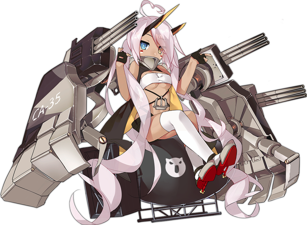 1girl \m/ absurdly_long_hair ahoge asymmetrical_legwear azur_lane bare_shoulders black_gloves black_shorts blue_eyes bomb breasts cleavage covered_mouth dark_skin dot_nose eyebrows eyebrows_visible_through_hair eyes_visible_through_hair facepaint facing_away fingernails full_body gloves grey_footwear headgear heterochromia index_finger_raised indianapolis_(azur_lane) legs_crossed long_hair looking_away looking_to_the_side machinery mechanical_arms midriff nuclear_bomb nuke official_art over-kneehighs palms partly_fingerless_gloves pink_hair rudder_shoes saru see-through short_shorts shorts single_thighhigh sitting small_breasts solo strapless thigh-highs transparent_background tsurime tubetop turret turtleneck twintails under_boob very_long_hair white_legwear yellow_eyes