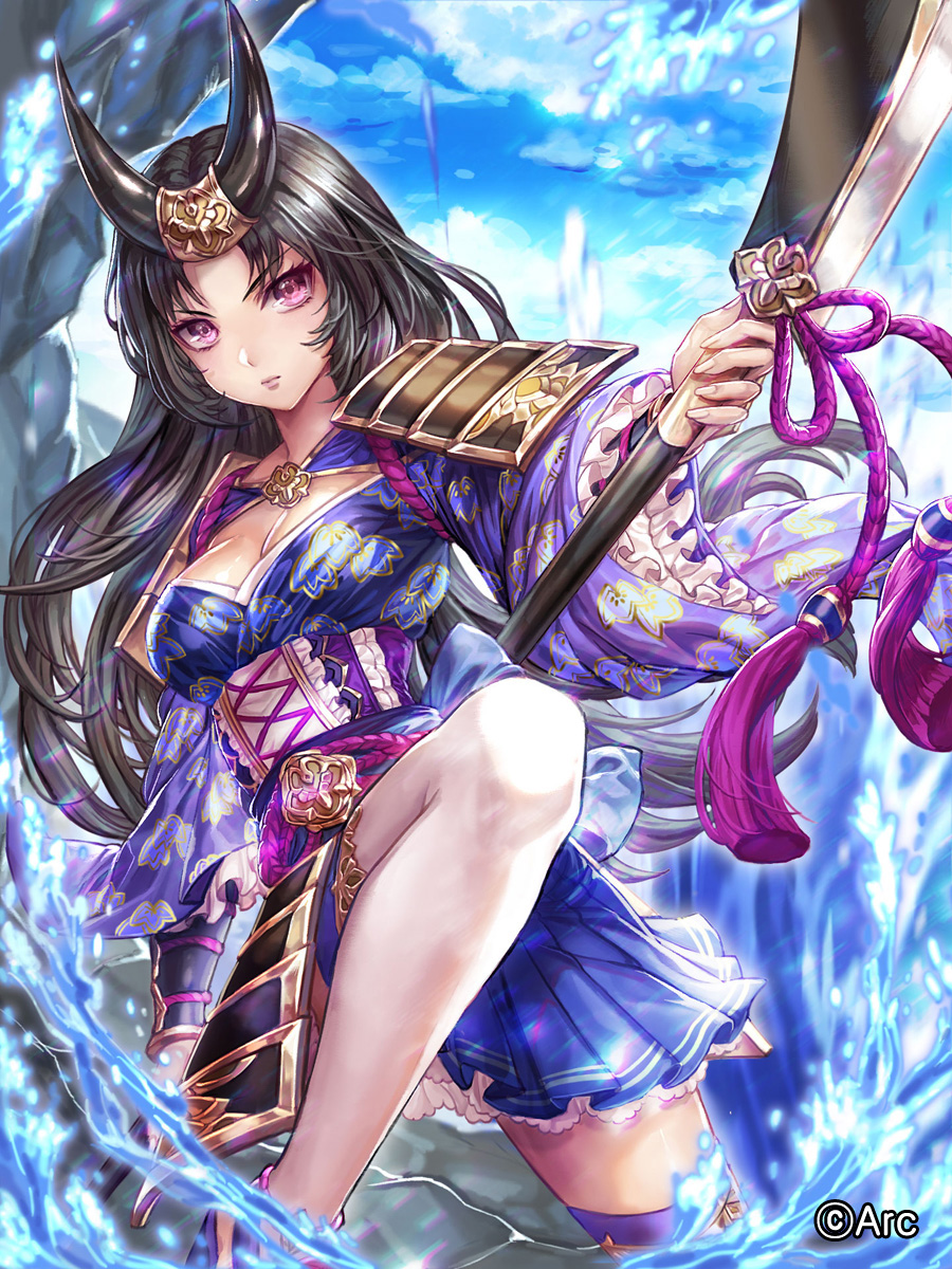 1girl armor black_armor black_hair blue_kimono blue_sky box_(hotpppink) breasts cleavage_cutout closed_mouth clouds company_name cross-laced_clothes day eyebrows_visible_through_hair fingernails floating_hair frilled_sleeves frills headpiece highres holding holding_spear holding_weapon japanese_armor japanese_clothes kimono kimono_skirt kusazuri long_hair long_sleeves looking_at_viewer medium_breasts obi official_art one_leg_raised outdoors outstretched_arm pink_eyes polearm print_kimono rock rope sash sengoku_kishin_valkyrie serious shimenawa sky sode solo spear straight_hair tassel thigh-highs tsurime v-shaped_eyebrows vambraces water weapon white_legwear wide_sleeves