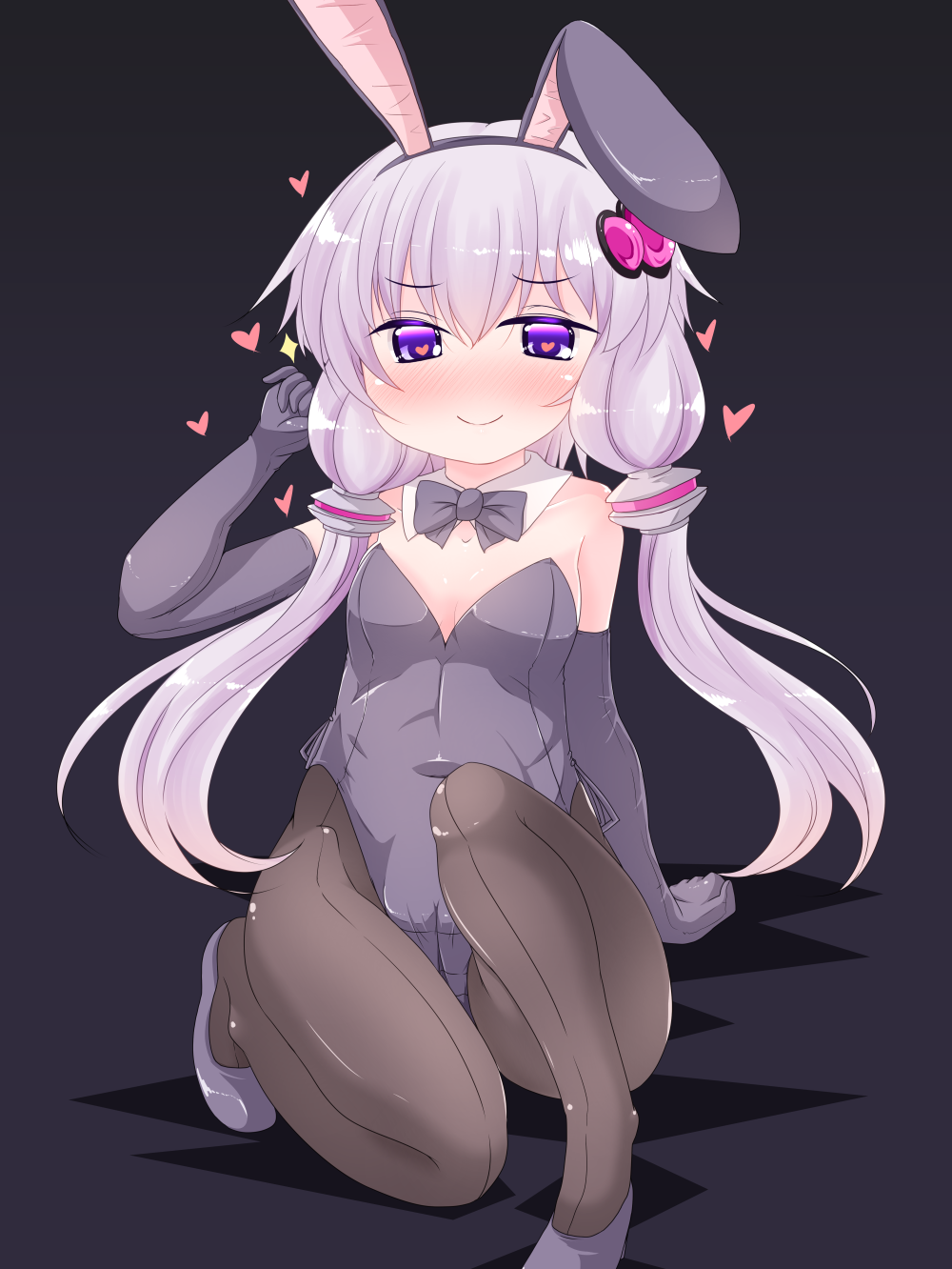 1girl animal_ears black_gloves black_legwear black_leotard black_neckwear bow bowtie brown_legwear bunny_girl bunnysuit detached_collar elbow_gloves flat_chest full_body gloves heart heart-shaped_pupils highres kanijiru leotard low_twintails pantyhose purple_hair rabbit_ears short_hair_with_long_locks simple_background smile solo strapless strapless_leotard symbol-shaped_pupils twintails violet_eyes voiceroid yuzuki_yukari