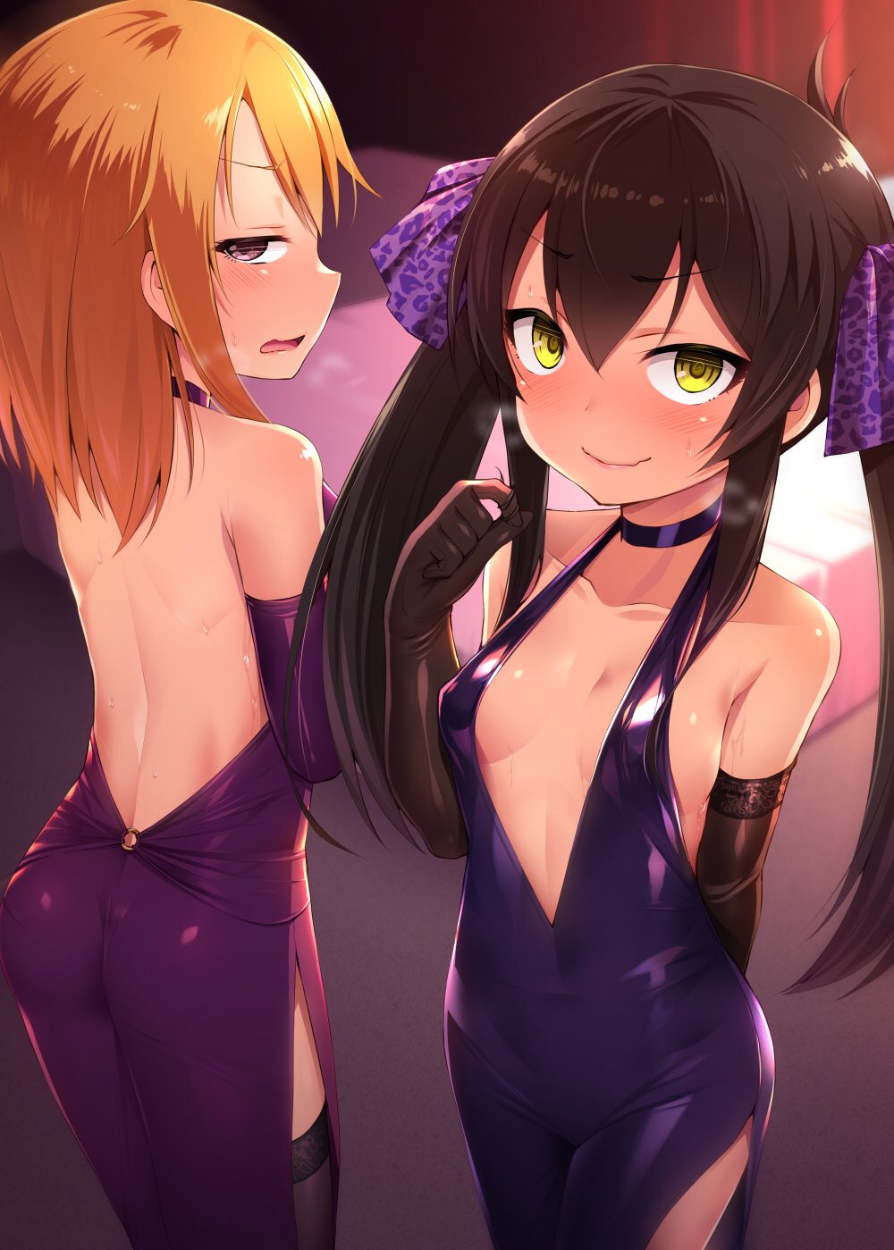 2girls ass backless_outfit bed black_gloves black_legwear blush bow breasts brown_hair choker commentary_request covered_navel dress elbow_gloves embarrassed gloves hair_between_eyes hair_bow highres idolmaster idolmaster_cinderella_girls indoors long_hair matoba_risa multiple_girls no_bra open-back_dress open_mouth orange_hair petite playing_with_own_hair purple_bow purple_choker purple_dress satou_kuuki short_hair small_breasts standing sweat thigh-highs violet_eyes yellow_eyes yuuki_haru