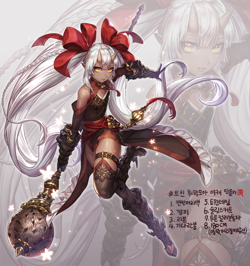 1girl armor armored_boots artist_logo bangs bare_shoulders boots box_(hotpppink) braid brown_dress brown_legwear character_profile collarbone commentary_request dark_skin detached_sleeves dress flat_chest floating_hair full_body glowing_petals grey_background hair_between_eyes hair_ribbon holding holding_staff holding_weapon korean leg_up long_hair looking_at_viewer one_leg_raised oni_horns open_mouth original outstretched_arm petals pointy_ears polearm red_ribbon ribbon sash shiny shiny_hair shiny_skin side_braid sidelocks smile solo staff tassel thigh-highs thigh_strap translation_request tsurime twintails vambraces very_long_hair weapon white_hair yellow_eyes zoom_layer