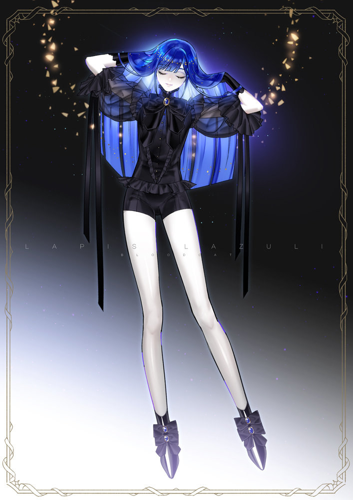 1other adjusting_hair arms_up black_gloves bloodcat_(babacatcat) blue_hair bow brooch closed_eyes gloves houseki_no_kuni jewelry lapis_lazuli_(houseki_no_kuni) long_hair puffy_sleeves see-through shoes short_shorts shorts