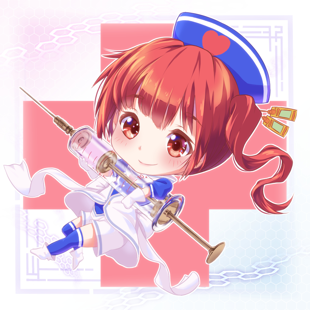 ahoge chibi cyborg doll_joints hair_ornament hat koukaku_no_pandora large_syringe nanakorobi_nene nurse oversized_object redhead side_ponytail syringe yuiyui890