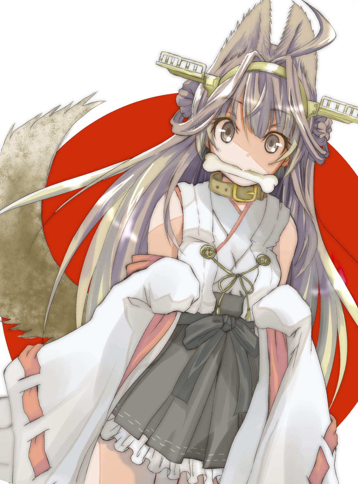1girl ahoge animal_ears bare_shoulders bone breasts brown_eyes brown_hair chicken99 collar commentary_request detached_sleeves dog_collar dog_ears dog_tail double_bun eyebrows_visible_through_hair frilled_skirt frills hairband headgear highres japanese_clothes kantai_collection kemonomimi_mode kongou_(kantai_collection) long_hair looking_at_viewer nontraditional_miko remodel_(kantai_collection) ribbon-trimmed_sleeves ribbon_trim skirt solo tail
