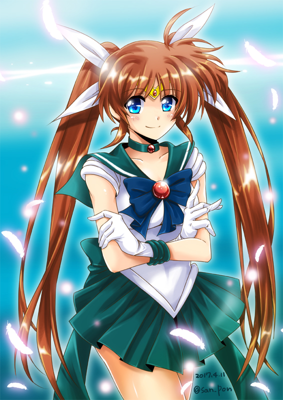 1girl bishoujo_senshi_sailor_moon blue_eyes bow brown_hair choker circlet crossed_arms dasuto dated feathers gloves glowing_feather hair_ribbon leotard light_blush light_smile long_hair looking_at_viewer lyrical_nanoha pleated_skirt ribbon sailor_collar sailor_senshi_uniform signature skirt solo takamachi_nanoha twintails twitter_username very_long_hair white_gloves white_leotard