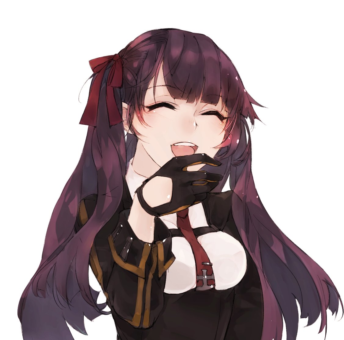 1girl bangs black_gloves blazer blush breasts closed_eyes eyebrows_visible_through_hair framed_breasts girls_frontline gloves hair_ribbon half_updo hand_up ik jacket laughing long_hair medium_breasts necktie one_side_up open_mouth purple_hair red_neckwear ribbon simple_background smile solo upper_body very_long_hair wa2000_(girls_frontline) white_background