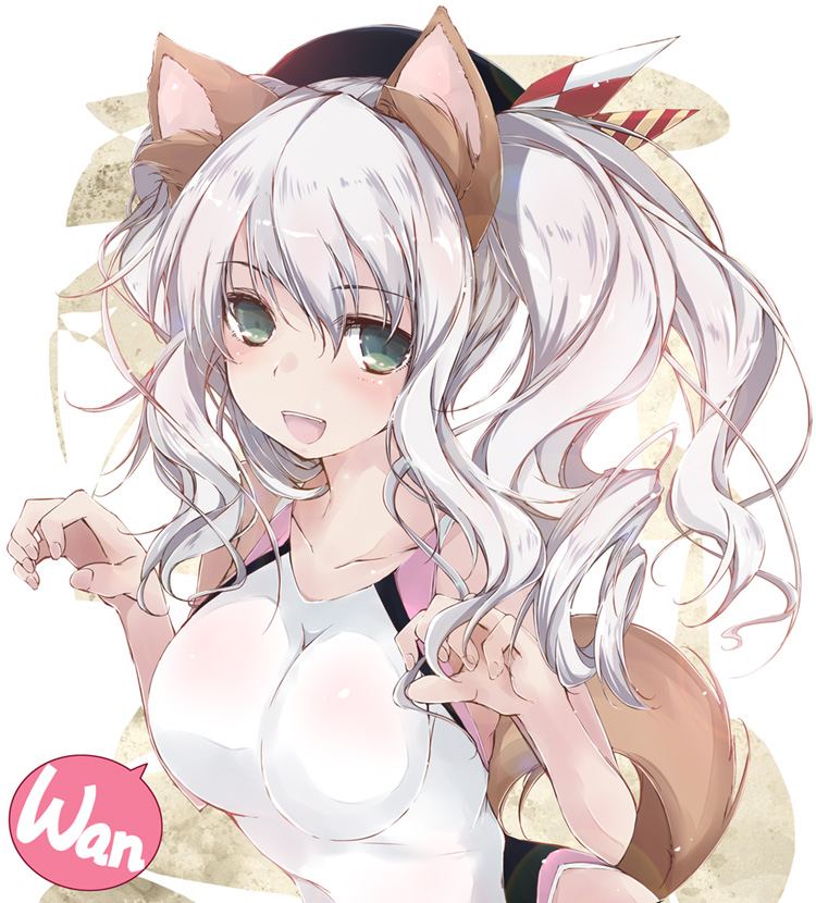 1girl animal_ears black_hat breasts cleavage commentary_request competition_swimsuit cowboy_shot curled_fingers dog_ears dog_tail green_eyes hat impossible_clothes impossible_swimsuit kantai_collection kashima_(kantai_collection) large_breasts long_hair one-piece_swimsuit shiny_clothes sidelocks silver_hair simple_background solo swimsuit tail twintails wavy_hair white_background white_swimsuit yumesato_makura