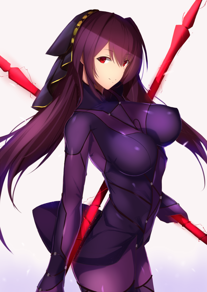 1girl bodysuit breasts fate/grand_order fate_(series) gae_bolg holding holding_weapon large_breasts long_hair looking_at_viewer polearm purple_bodysuit purple_hair red_eyes saisarisu scathach_(fate/grand_order) solo spear weapon