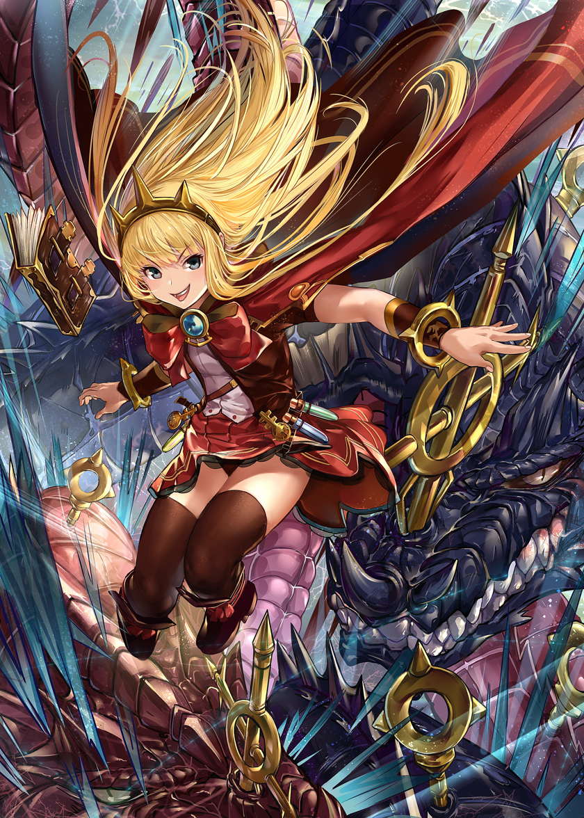 1girl :d bangs black_legwear blonde_hair book boots bow bracer breasts cagliostro_(granblue_fantasy) cape dragon fang_xue_jun granblue_fantasy hairband jumping long_hair looking_at_viewer open_mouth ouroboros_(granblue_fantasy) red_skirt skirt small_breasts smile solo spikes thigh-highs tiara violet_eyes