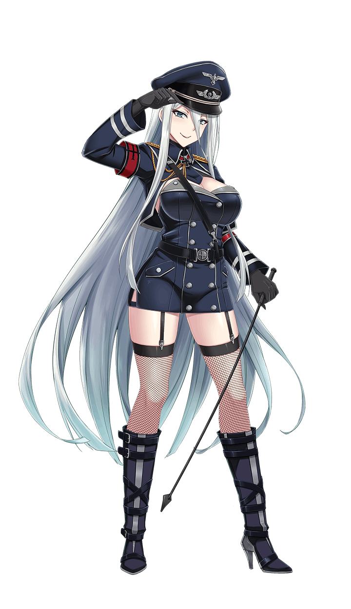 1girl armband black_belt black_footwear black_gloves boots breasts cleavage formation_girls full_body garter_straps gloves grey_eyes hair_between_eyes hat high_heel_boots high_heels highres large_breasts long_hair looking_at_viewer military military_dress military_hat military_uniform minarai official_art peaked_cap pointer silver_hair smile solo thigh-highs transparent_background uniform very_long_hair werberger_streibl