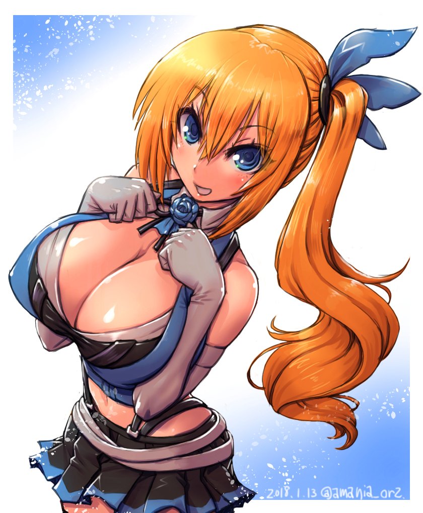 1girl amania_orz bare_shoulders blonde_hair blue_eyes blue_flower blue_rose blush breasts cleavage commentary_request elbow_gloves flower gloves hair_ribbon highleg large_breasts long_hair looking_at_viewer midriff mirai_akari mirai_akari_project navel open_mouth ribbon rose side_ponytail skirt smile solo thigh-highs white_gloves