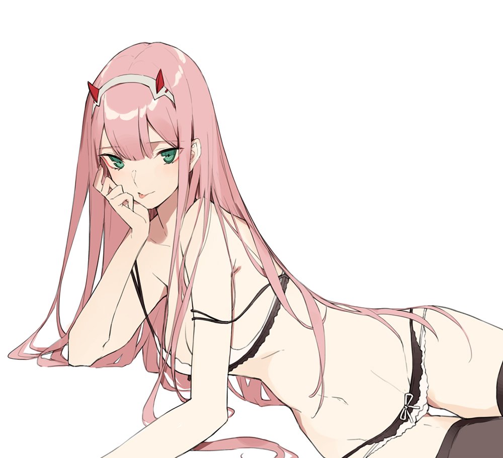 1girl aiko_(kanl) bra breasts darling_in_the_franxx green_eyes long_hair lying medium_breasts on_side panties pink_hair solo thigh-highs tongue tongue_out underwear white_background zero_two_(darling_in_the_franxx)