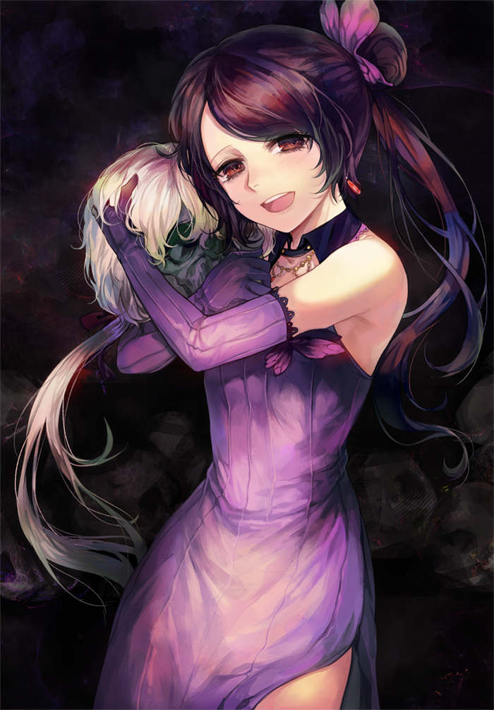 1girl bare_shoulders cocktail_dress dress elbow_gloves gijang gloves hair_ornament hiver_laurant jewelry long_dress long_hair looking_at_viewer michele_malebranche ponytail purple_dress red_dress red_eyes roman skull smile sound_horizon weapon
