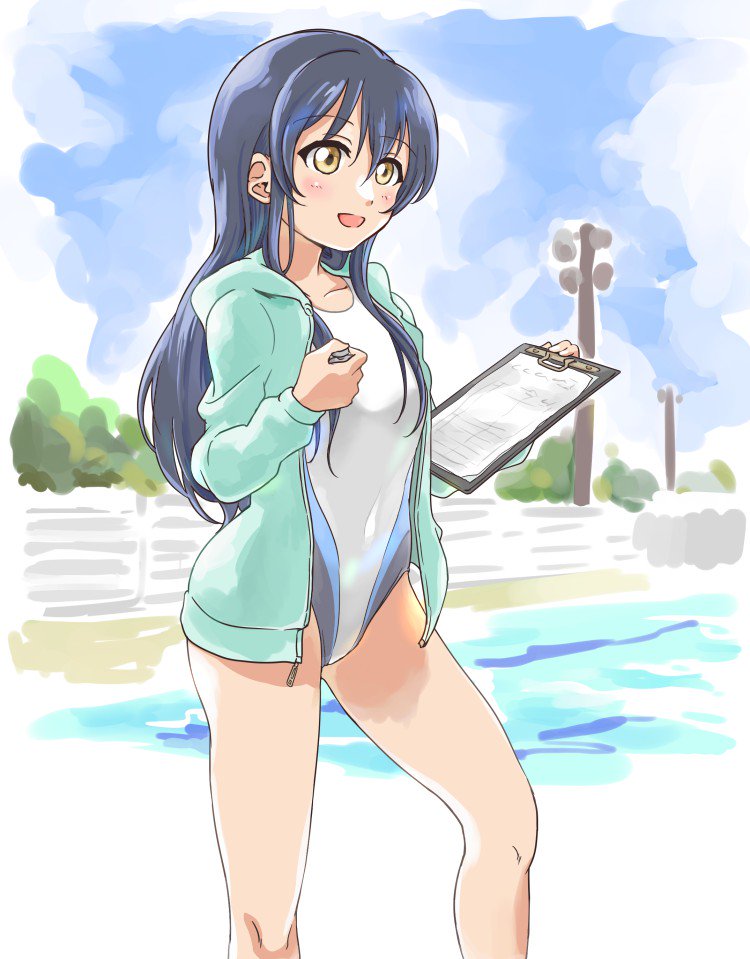 1girl bangs blue_hair blush competition_swimsuit eyebrows_visible_through_hair hair_between_eyes holding hood jacket long_hair long_sleeves looking_to_the_side love_live! love_live!_school_idol_project one-piece_swimsuit open_clothes open_jacket open_mouth pool solo sonoda_umi standing swimsuit swimsuit_under_clothes tetopetesone track_jacket yellow_eyes