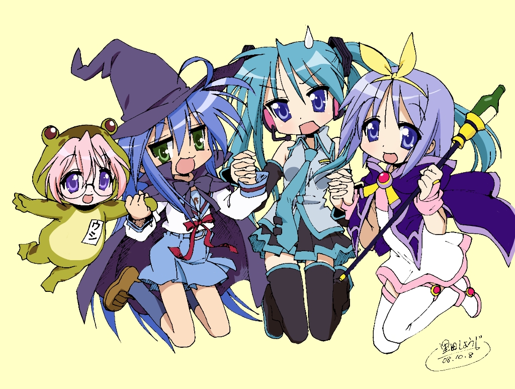 4girls blue_hair blue_skirt cape cosplay cosplay_request friends green_eyes hat hatsune_miku hatsune_miku_(cosplay) hiiragi_kagami hiiragi_tsukasa izumi_konata jumping lucky_star multiple_girls open_mouth pink_hair siblings sisters skirt vocaloid witch_hat