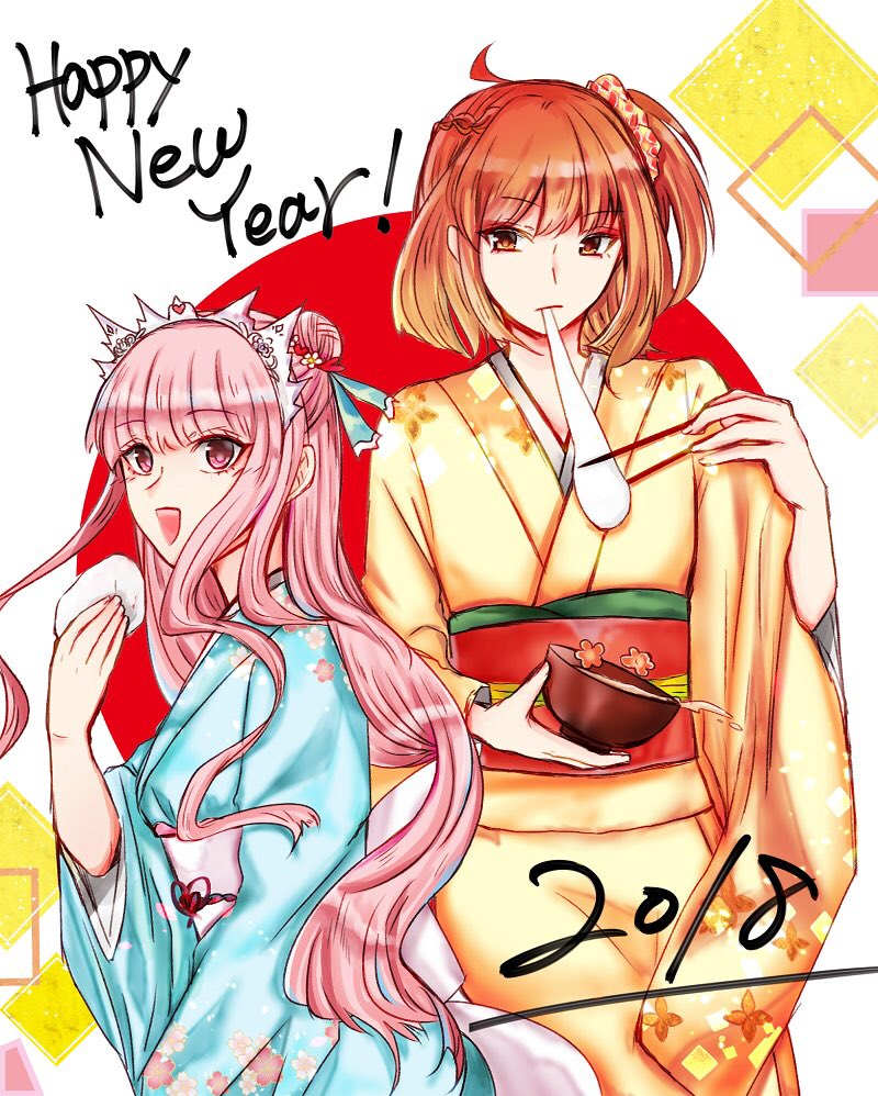 2018 2girls bowl commentary_request eating fate/grand_order fate_(series) food fujimaru_ritsuka_(female) hair_bun hokuhoku0505 japanese_clothes kimono long_hair medb_(fate/grand_order) mochi multiple_girls new_year orange_eyes orange_hair pink_hair red_eyes simple_background smile spilling tiara wagashi