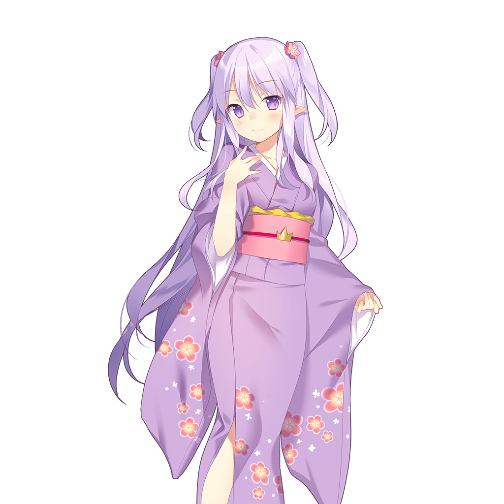1girl blush floral_print flower forearm_at_chest furisode hair_flower hair_ornament japanese_clothes kimono lavender_hair long_hair long_sleeves looking_at_viewer miss_barbara obi official_art pointy_ears sash smile solo transparent_background two_side_up uchi_no_hime-sama_ga_ichiban_kawaii violet_eyes wide_sleeves