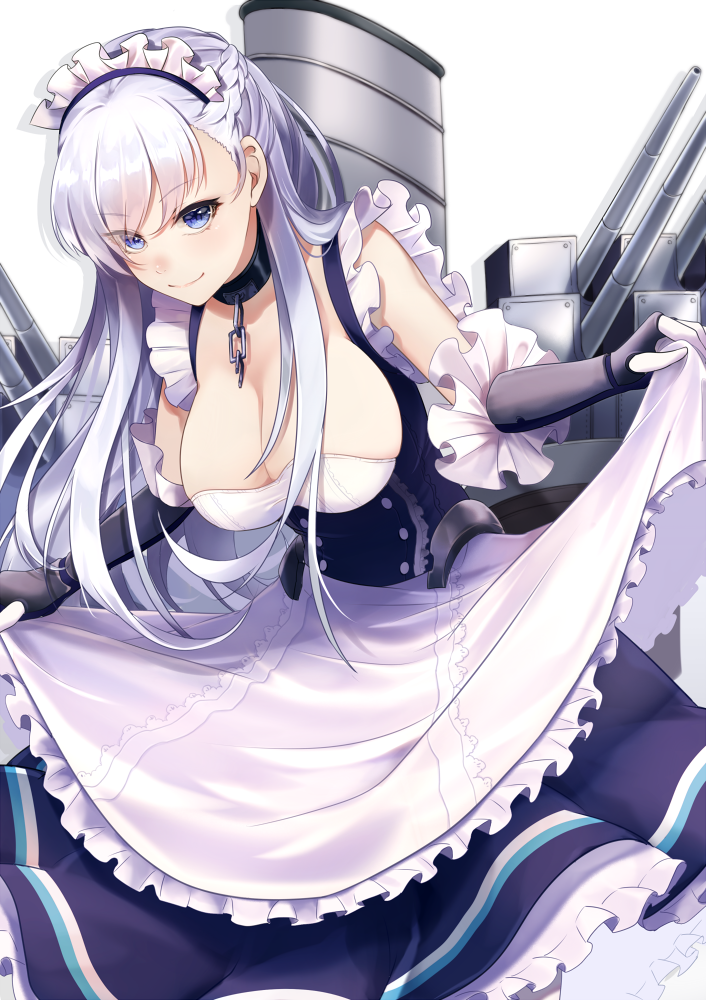 1girl apron azur_lane belfast_(azur_lane) blue_eyes braid breasts chains cleavage collar curtsey dress elbow_gloves eyebrows_visible_through_hair eyes_visible_through_hair frilled_apron frilled_dress frilled_gloves frills gloves koruta_(nekoimo) large_breasts leaning_forward long_hair looking_at_viewer machinery maid maid_apron maid_headdress silver_hair smile solo turret