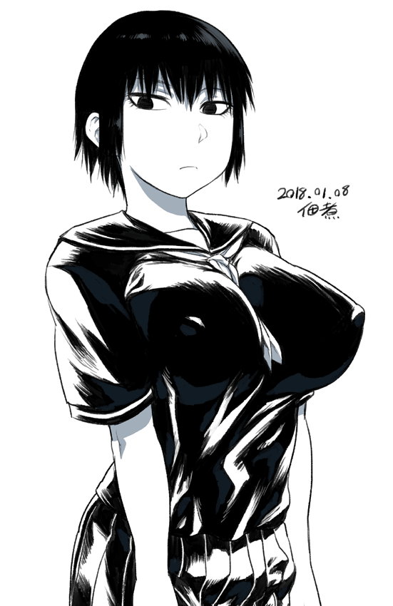 1girl arms_at_sides breast_squeeze breasts closed_mouth covered_nipples dated greyscale large_breasts looking_at_viewer monochrome original pleated_skirt short_sleeves signature simple_background skirt solo standing tsukudani_(coke-buta) upper_body white_background