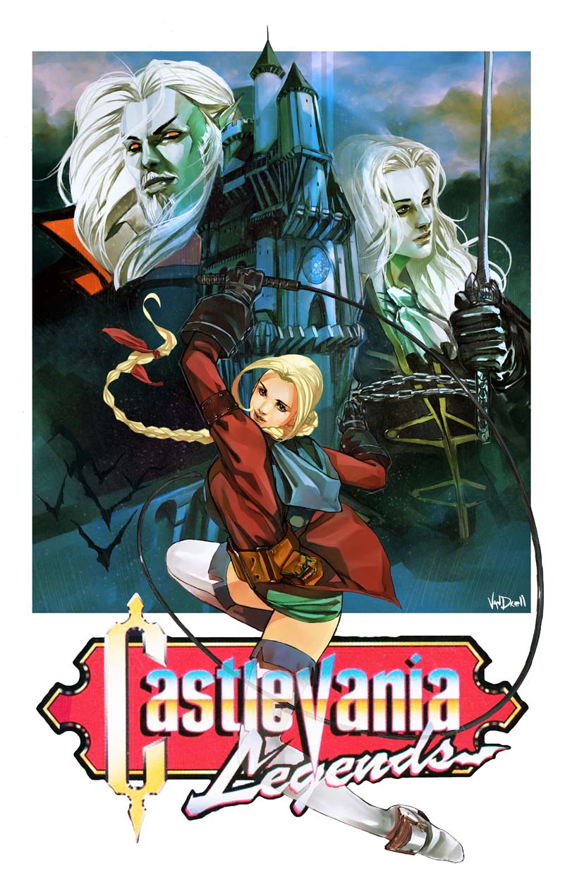 1girl 2boys alucard_(castlevania) bat blonde_hair castle castlevania castlevania_legends clouds cross daniel_oduber dracula fake_box_art flying gloves highres jacket logo long_hair multiple_boys ponytail realistic red_eyes shorts signature sonia_belmondo sword tagme video_game weapon whip white_hair white_legwear white_skin